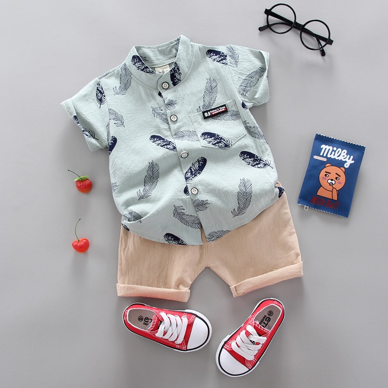 Boy's Feather Print Shirt and Shorts Set