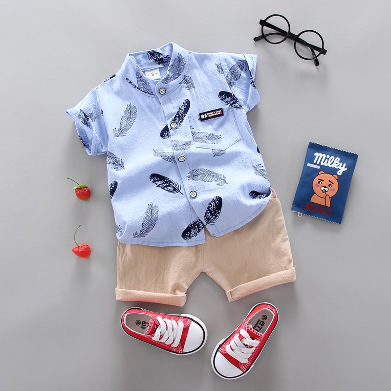 Boy's Feather Print Shirt and Shorts Set